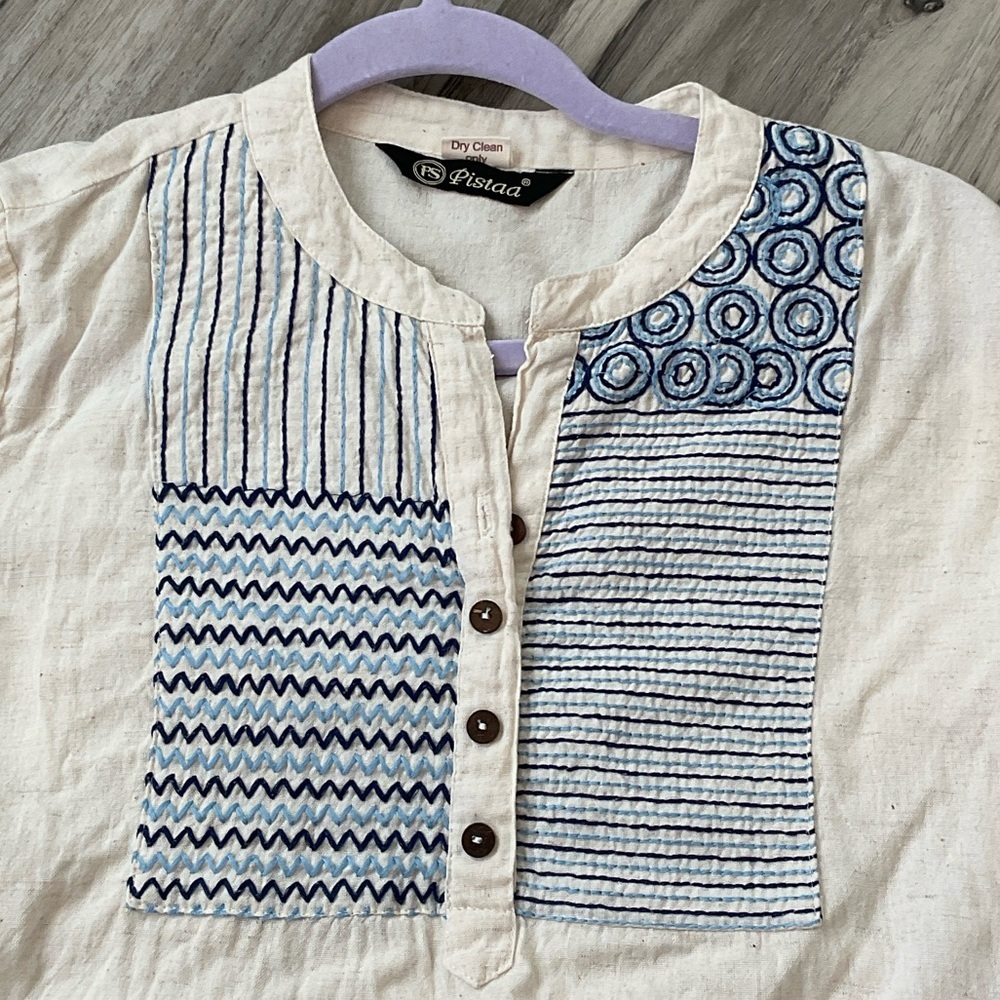 Cream and Blue Women's Tunic Top, no size tag, M